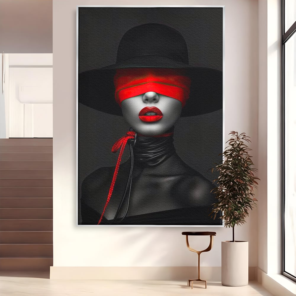Tablou canvas cu tablou canvas cu femeie si voal rosu, in rama de aluminiu argintiu